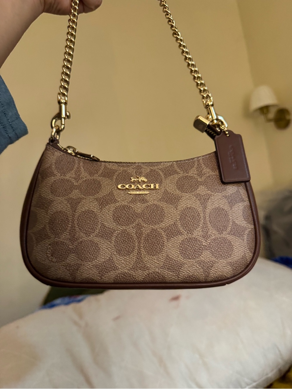 COACH Brown Signature Canvas Shoulder Bag with Gold Chain